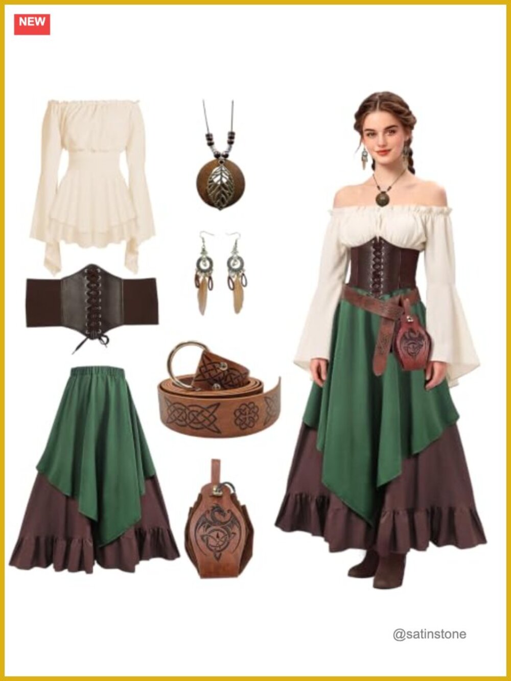 Renaissance Costume Women Medieval Dress Vintage Blouse Top Skirt Set